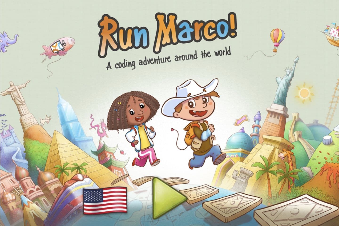 Run Marco title screen with two cartoon explorers