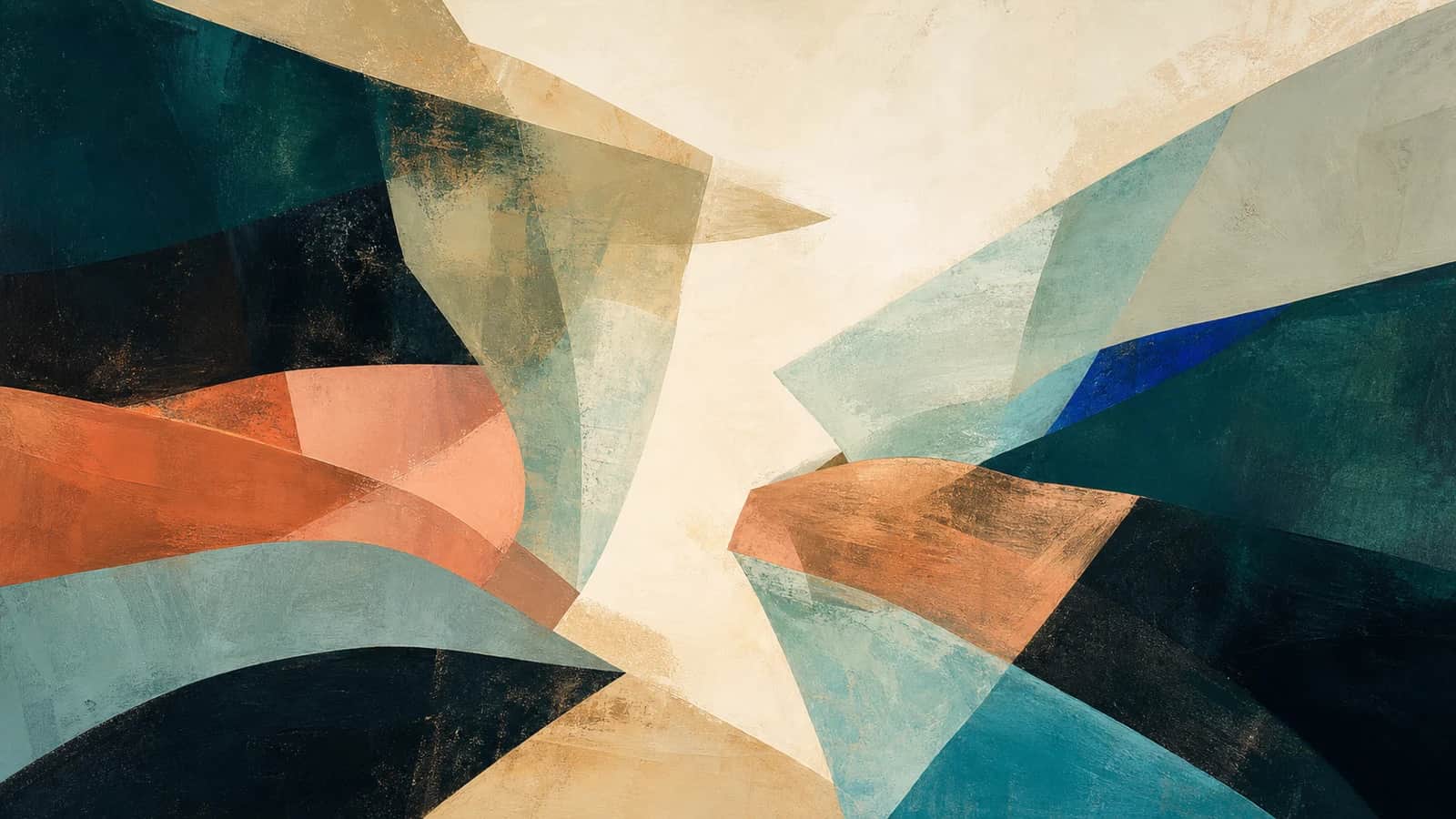 Layered teal and copper planes converge around a translucent aqua passage on a cream field