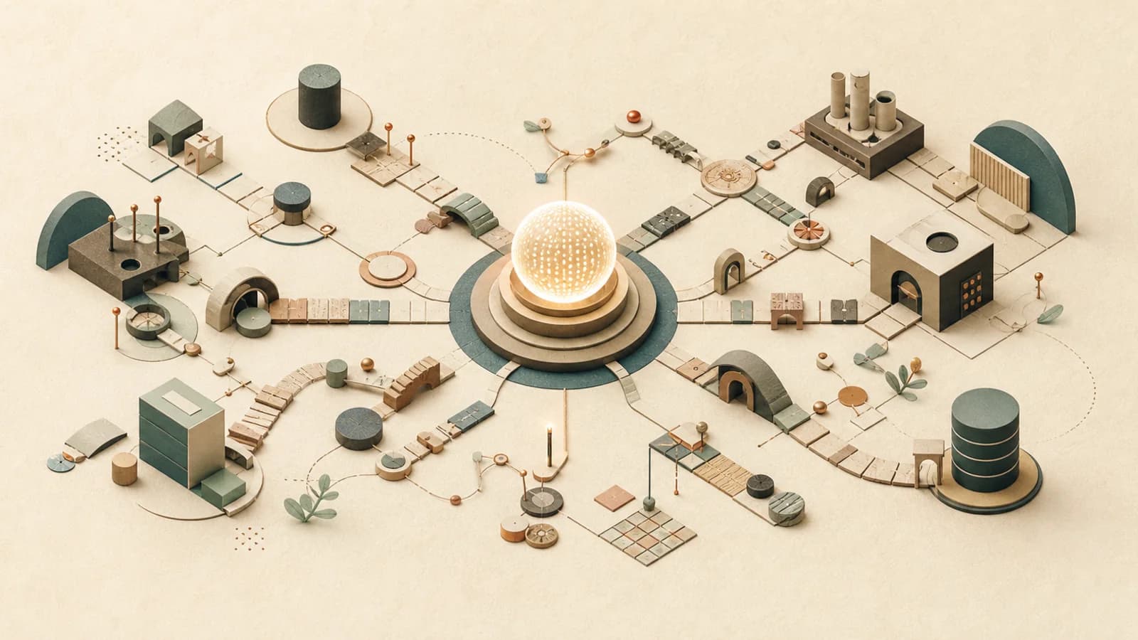 An editorial systems map connecting an AI core to operational tools and checkpoints