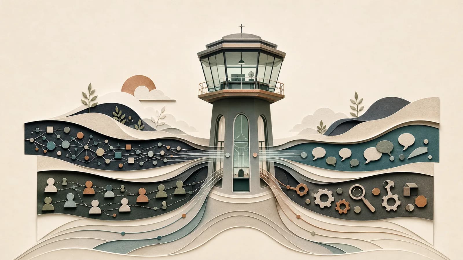 A control tower coordinating layered streams of evidence, inquiry, people, and tools