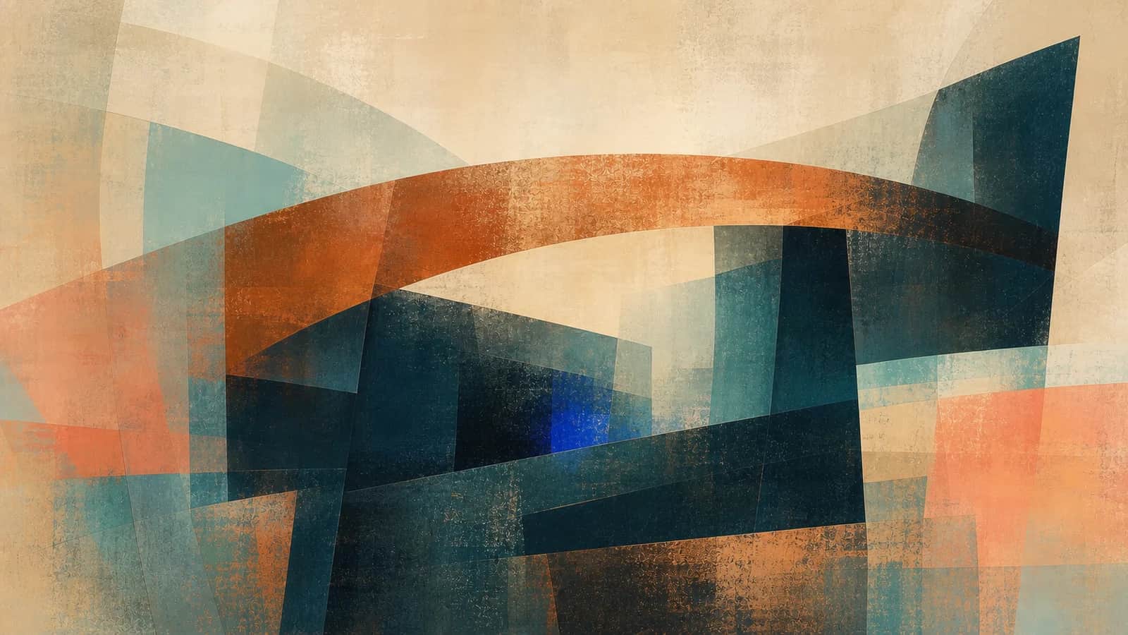 A broad copper arc spans layered deep teal planes around a small cobalt rectangle