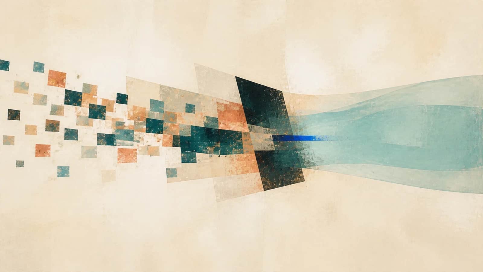 Small teal and copper marks converge through a dark central plane into broad translucent aqua fields