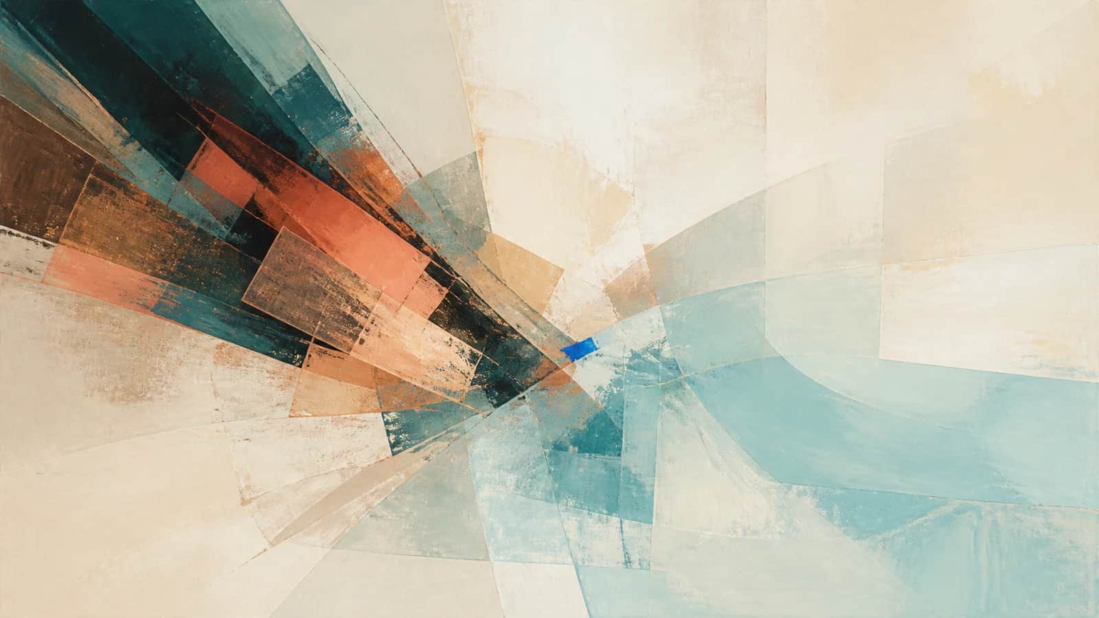 Dense teal and copper planes converge with translucent aqua fields across a cream ground