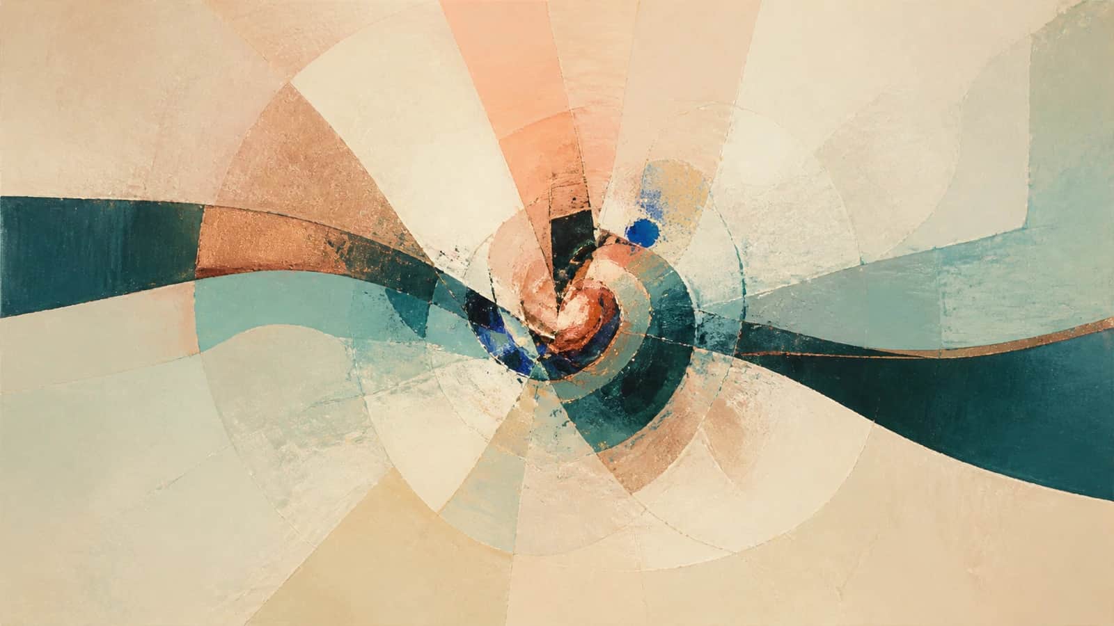 Teal and copper painted bands spiral into a layered center across a warm cream field